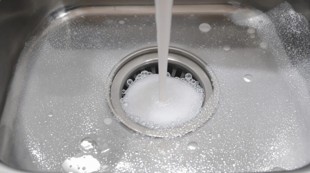 Eau qui coule dans un évier en acier inoxydable avec du savon